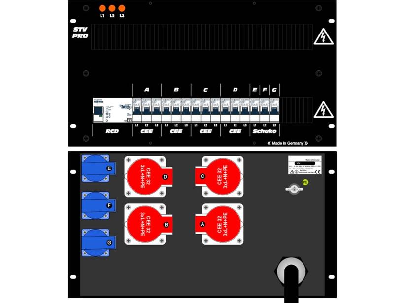 Ultralite Stromvert. STV 63A, FI, IN: CEE63 Kab. 1.5m/rücks. OUT: 4 CEE32, 3 Schuko rücks., 12 LS C32, 3 LS C16