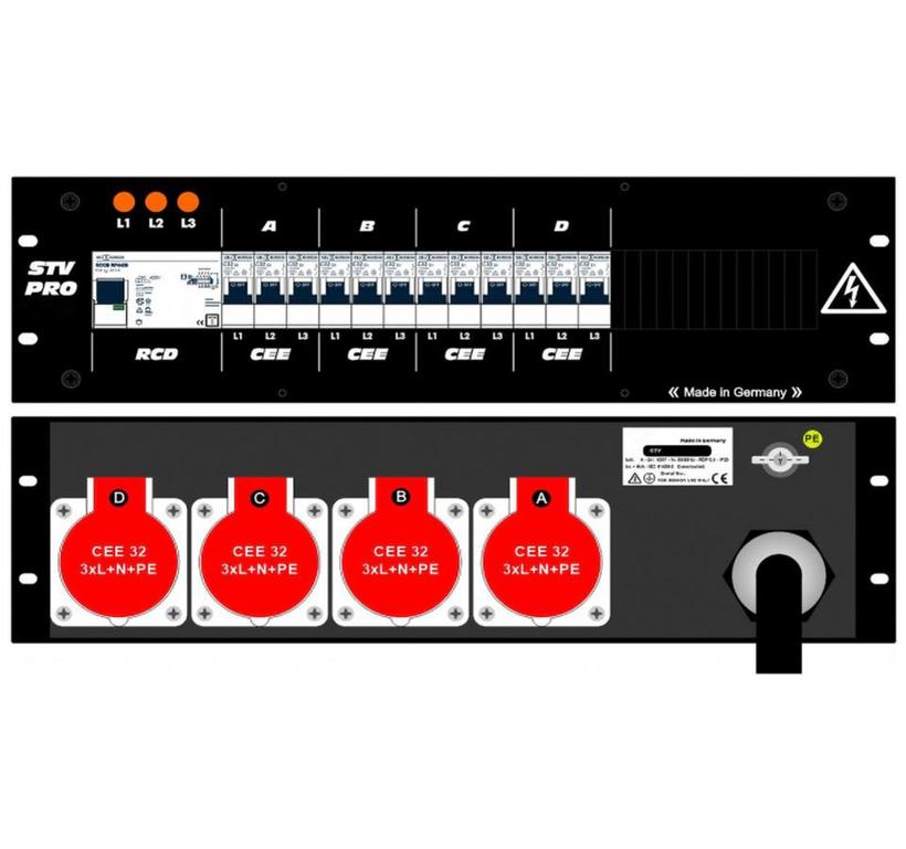 Ultralite Stromvert. STV 63A, FI, IN: CEE63 Kab. 1.5m/rücks. OUT: 4 CEE32 rücks., 12 LS C32
