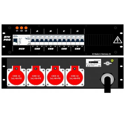 Ultralite Stromvert. STV 63A, FI, IN: CEE63 Kab. 1.5m/rücks. OUT: 4 CEE32 rücks., 12 LS C32