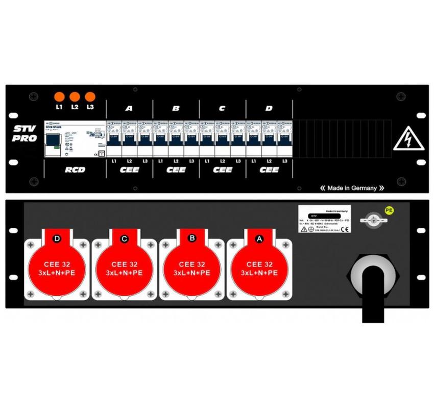 Ultralite Stromvert. STV 63A, FI, IN: CEE63 Kab. 1.5m/rücks. OUT: 4 CEE32 rücks., 12 LS C32