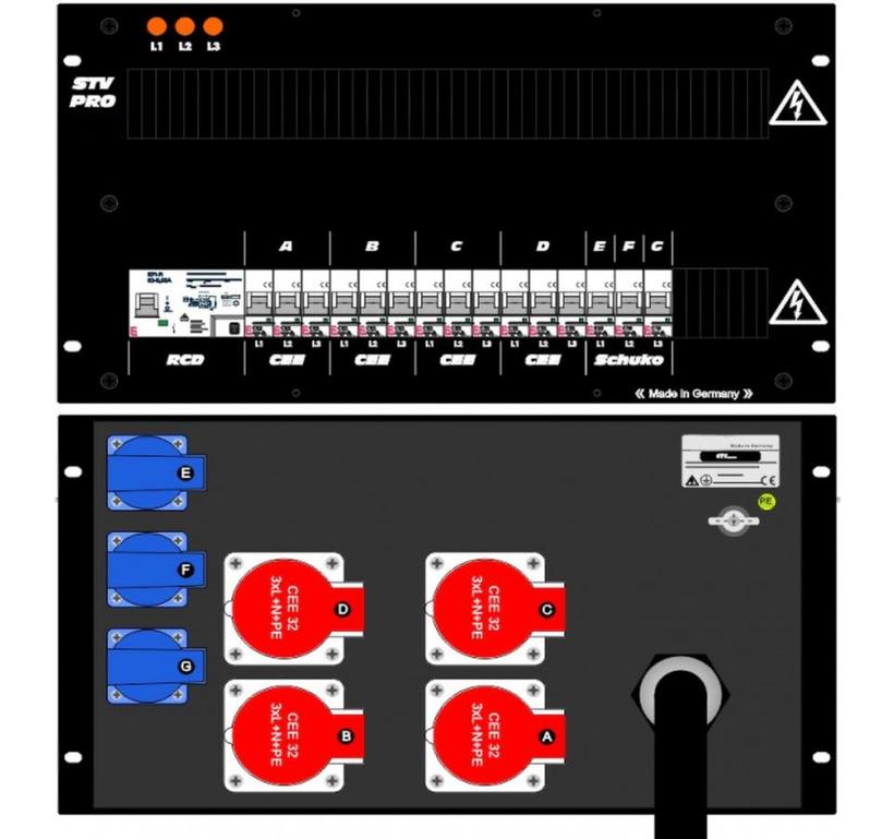 Ultralite Stromvert. STV 63A, FI, IN: CEE63 Kab. 1.5m/rücks. OUT: 4 CEE32, 3 Schuko rücks., 12 LS C32, 3 LS C16