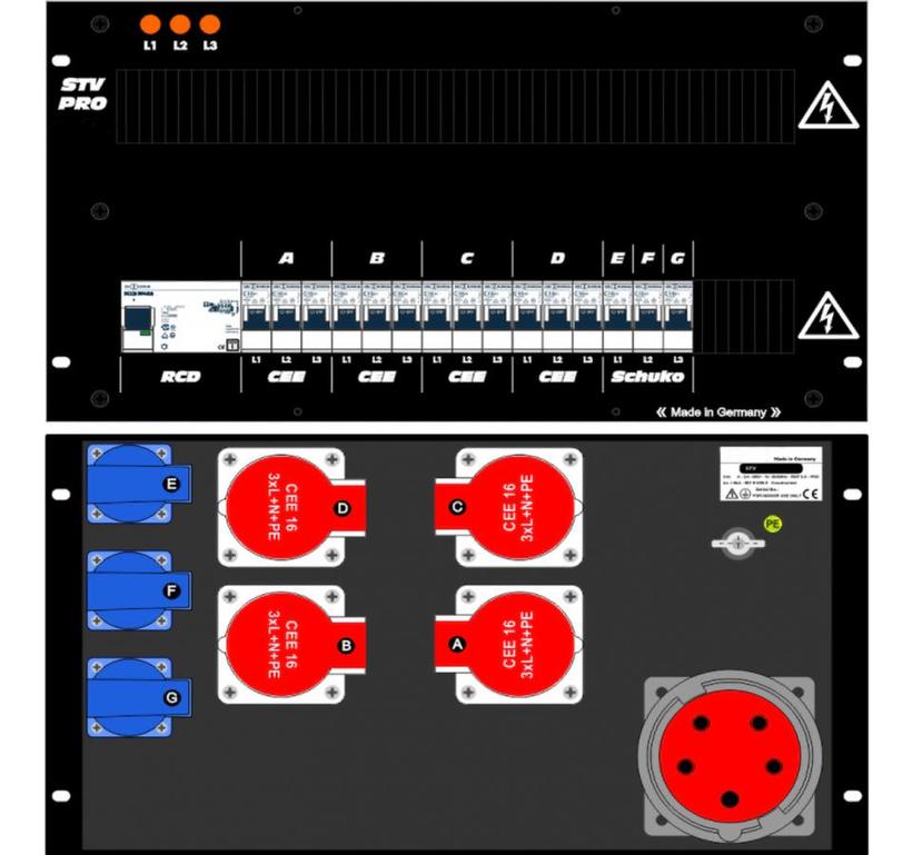 Ultralite Stromvert. STV 63A, FI, IN: CEE63 Anbaust./rücks. OUT: 4 CEE32, 3 Schuko rücks., 12 LS C32, 3 LS C16