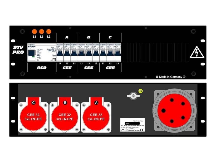 Ultralite Stromvert. STV 63A, FI, IN: CEE63 Anbaust./rücks. OUT: 3 CEE32 rücks., 9 LS C32