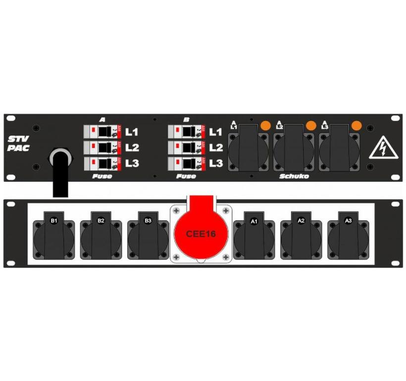Ultralite Stromvert. STVPAC 16A, IN: CEE16 Kabel 2m/vorne OUT: 1 CEE16, 6 Schuko rücks., 3 Schuko vorne, 6 LS C16