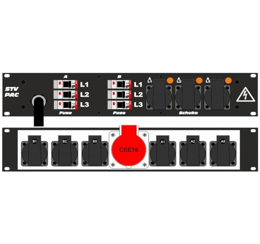 Ultralite Stromvert. STVPAC 16A, IN: CEE16 Kabel 2m/vorne OUT: 1 CEE16, 6 Schuko rücks., 3 Schuko vorne, 6 LS C16