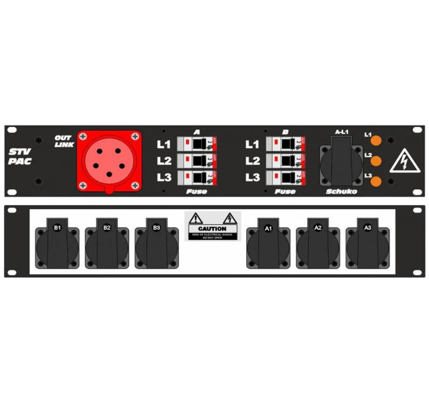 Ultralite Stromvert. STVPAC 16A, IN: CEE16 Anbaust./vorne OUT: 6 Schuko rücks., 1 Schuko vorne, 6 LS C16