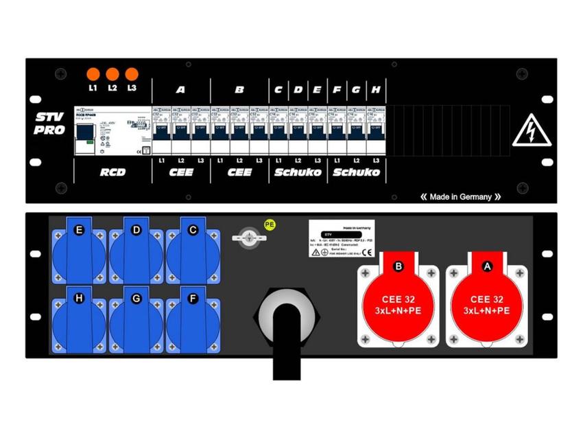 Ultralite Stromvert. STV 63A, FI, IN: CEE63 Kab. 1.5m/rücks. OUT: 2 CEE32, 6 Schuko, 6 LS C32, 6 LS C16