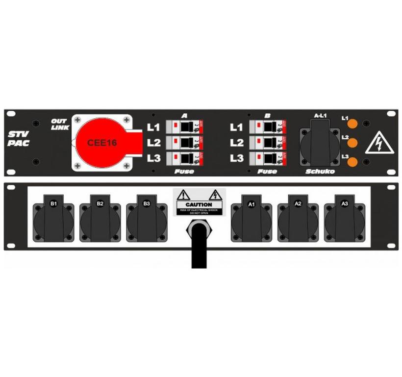 Ultralite Stromvert. STVPAC 16A, IN: CEE16 Kabel 2m/rücks. OUT: 1 CEE16, 1 Schuko vorne, 6 Schuko rücks., 6 LS C16