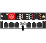 Ultralite Stromvert. STVPAC 16A, IN: CEE16 Anbaust./vorne OUT: 1 CEE16 Ka. 2m, 6 Schuko rücks., 1 Schuko vo., 6 LS C16