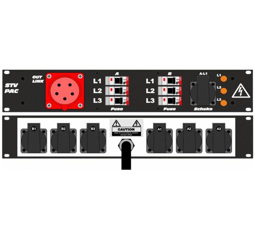 Ultralite Stromvert. STVPAC 16A, IN: CEE16 Anbaust./vorne OUT: 1 CEE16 Ka. 2m, 6 Schuko rücks., 1 Schuko vo., 6 LS C16