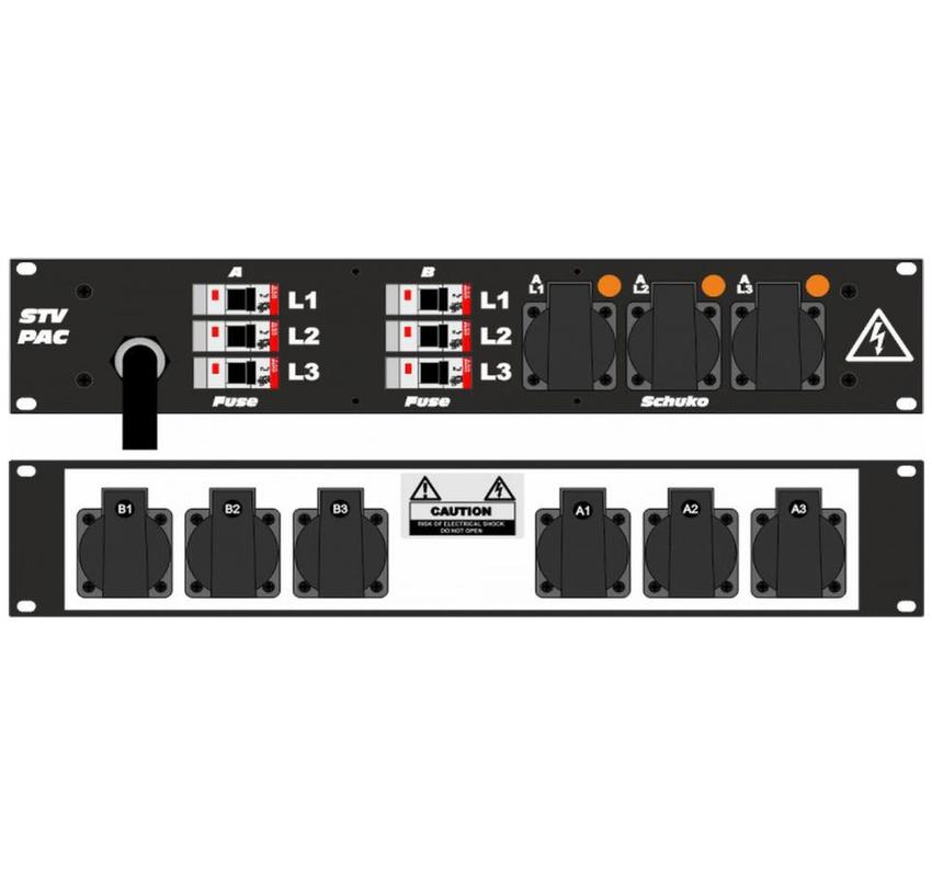 Ultralite Stromvert. STVPAC 32A, IN: CEE32 Kabel 2m/vorne OUT: 6 Schuko rücks., 3 Schuko vorne, 6 LS C16