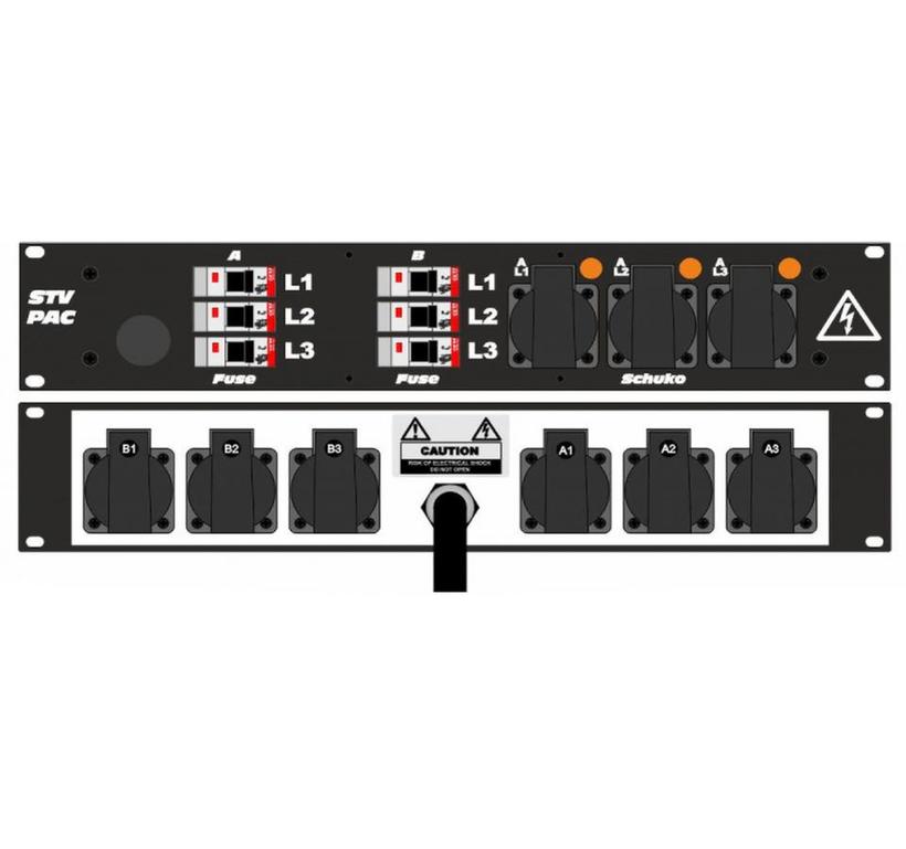 Ultralite Stromvert. STVPAC 32A, IN: CEE32 Kabel 2m/rücks. OUT: 6 Schuko rücks., 3 Schuko vorne, 6 LS C16