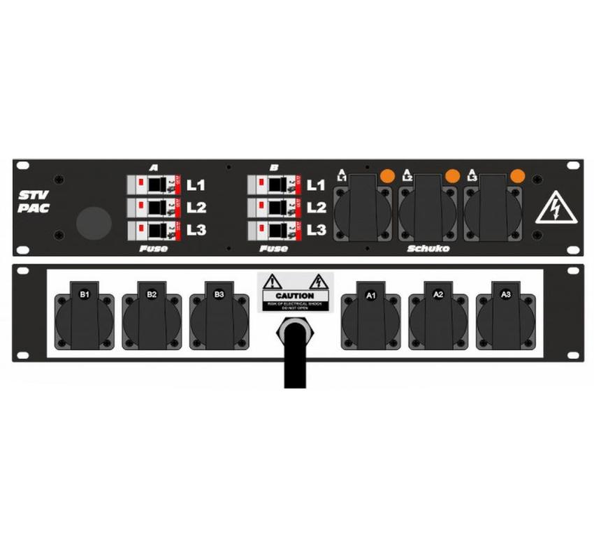 Ultralite Stromvert. STVPAC 32A, IN: CEE32 Kabel 2m/rücks. OUT: 6 Schuko rücks., 3 Schuko vorne, 6 LS C16