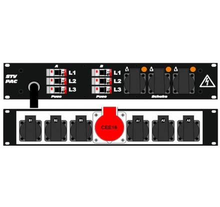 Ultralite Stromvert. STVPAC 32A, IN: CEE32 Kabel 2m/vorne OUT: 1 CEE16, 6 Schuko rücks., 3 Schuko vorne, 6 LS C16
