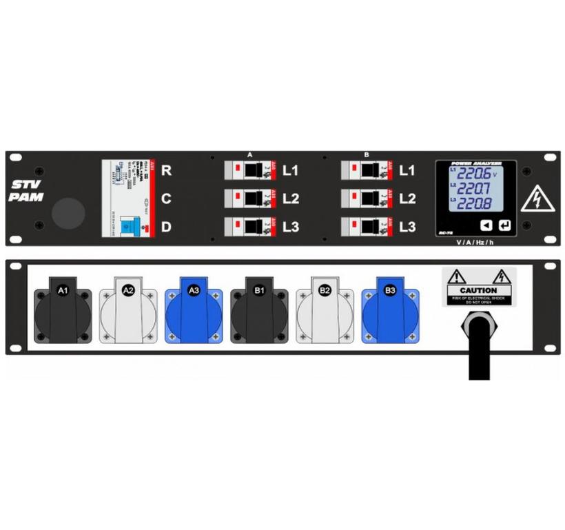 Ultralite Stromvert. STVPAM 32A, FI, IN: CEE32 Ka. 2m/rücks. OUT: 6 Schuko rücks., 6 LS C16A, FI 0.03A