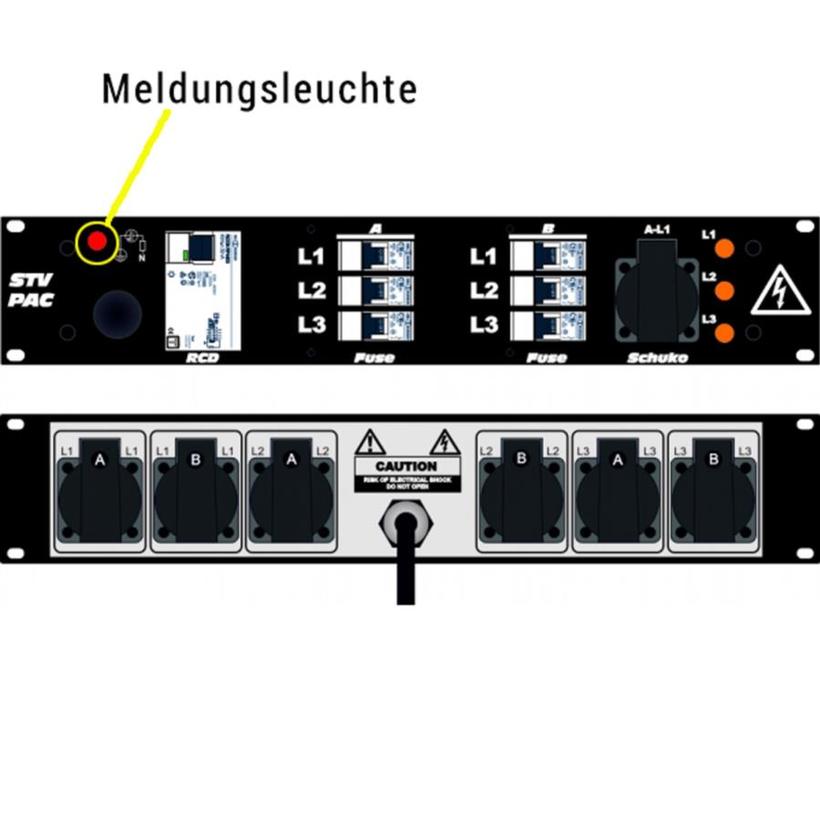 Ultralite Stromvert. STVPAC 16A, FI, IN: CEE16 Ka. 2m/rücks. OUT: 6 Schuko rücks., 1 Schuko vorne, 6 LS C16, FI 40/0.03