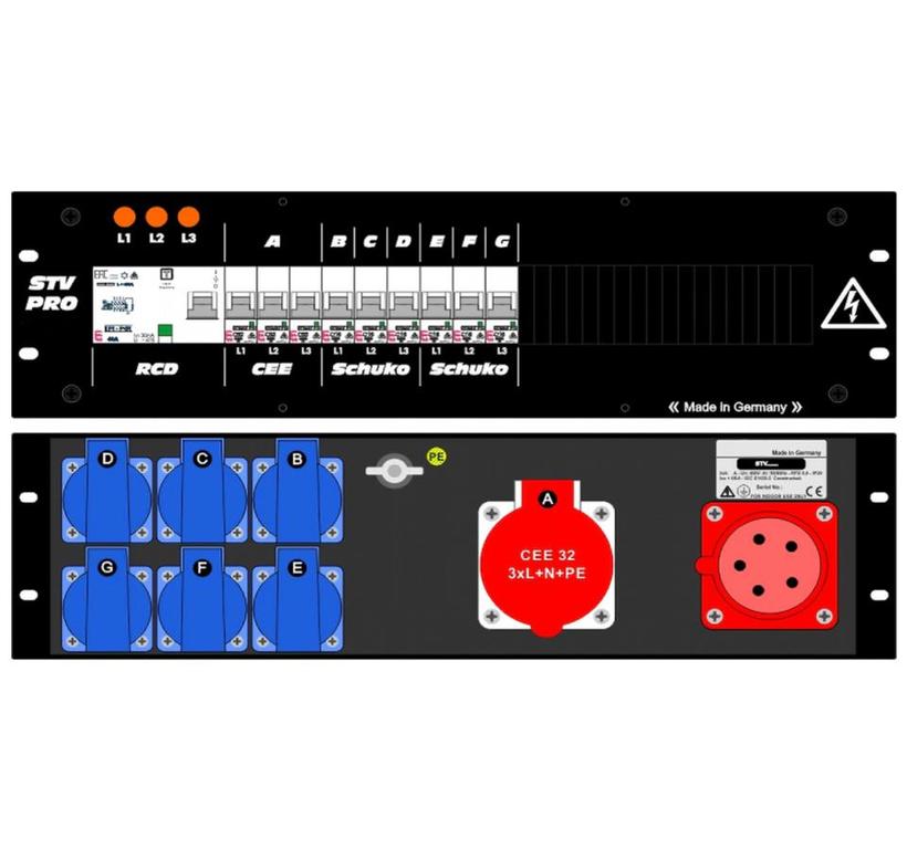 Ultralite Stromvert. STV 32A, FI, 19" Gehäuse 3HE, schwarz IN: CEE32 Anbaust./rücks.