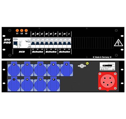 Ultralite Stromvert. STV 32A, FI, IN: CEE32 Anbaust./rücks. OUT: 9 Schuko rückseitig, 9 LS C16