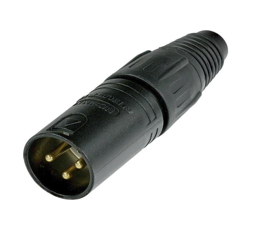 3 poliger XLR Kabelstecker m. schwarz-verchromtem Gehäuse u. Gold beschichteten Kontakten **SCHÜTTWARE!**Tüte mit 100Stk.