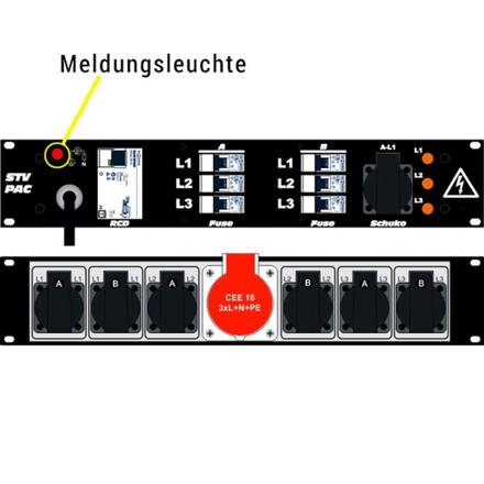 Ultralite Stromvert. STVPAC 16A, FI, IN: CEE16 Ka. 2m/vorne OUT: 1 CEE16, 6 Schuko rücks., 1 Schuko vorne, 6 LSC16,FI.03
