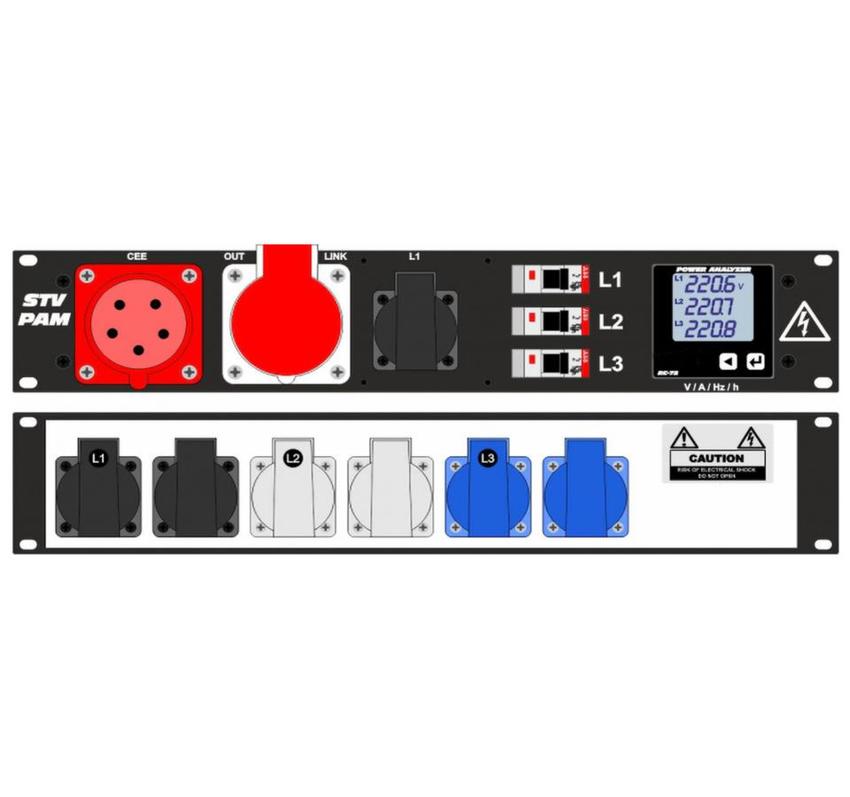 Ultralite Stromvert. STVPAM 32A, IN: CEE32 Anbaust./vorne OUT: 1 CEE32, 1 Schuko vorne, 6 Schuko rücks., 3 LS C16