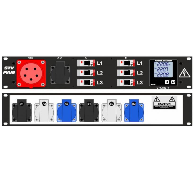 Ultralite Stromvert. STVPAM 32A, IN: CEE32 Anbaust./vorne OUT: 1 Schuko vorne, 6 Schuko rücks., 3 LS C16