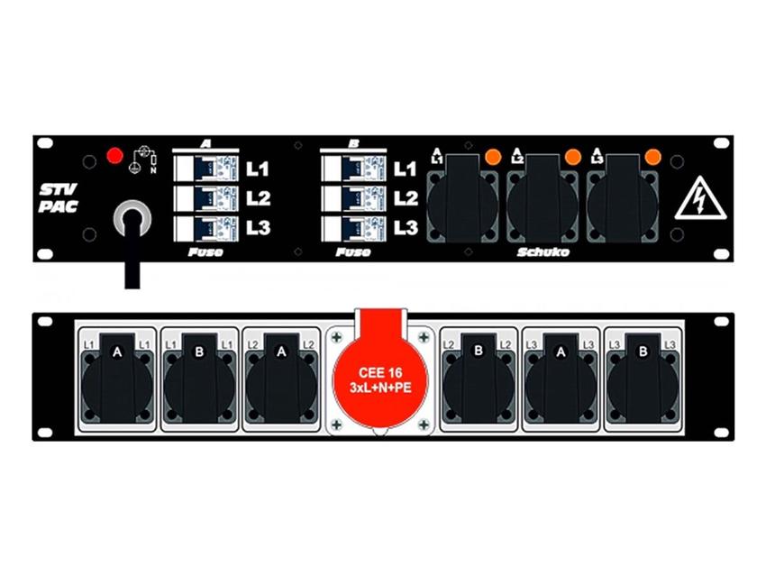 Ultralite Stromvert. STVPAC 16A, IN: CEE16 Kabel 2m/vorne OUT: 1 CEE16, 6 Schuko rücks., 3 Schuko vorne, 6 LS C16