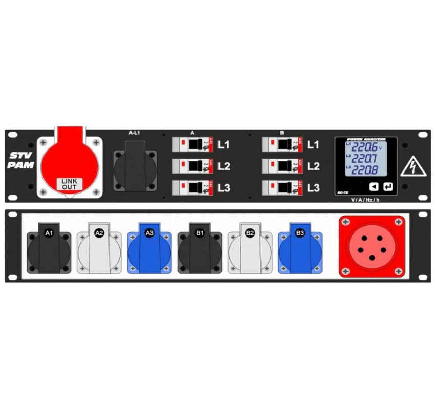 Ultralite Stromvert. STVPAM 32A, IN: CEE32 Anbaust./rücks. OUT: 1 CEE32, 1 Schuko vorne, 6 Schuko rücks., 6 LS C16