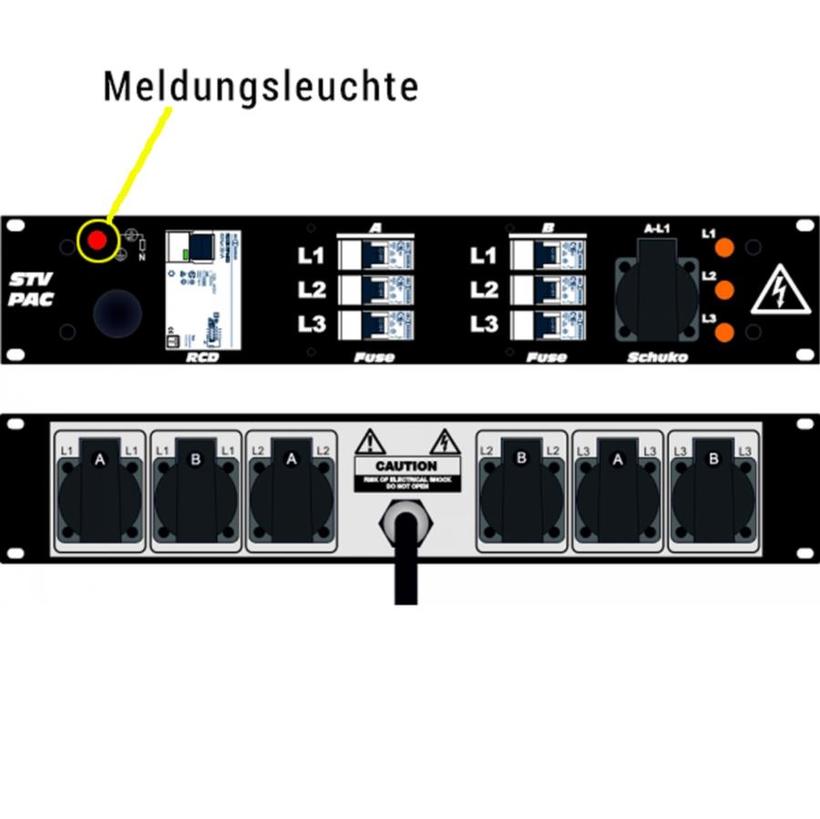 Ultralite Stromvert. STVPAC 32A, FI, IN: CEE32 Ka. 2m/rücks. OUT: 6 Schuko rücks., 1 Schuko vorne, 6 LS C16, FI 40/0.03