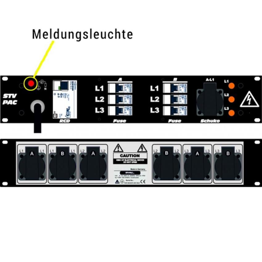 Ultralite Stromvert. STVPAC 32A, FI, IN: CEE32 Ka. 2m/vorne OUT: 6 Schuko rücks., 1 Schuko vorne, 6 LS C16, FI 40/0.03