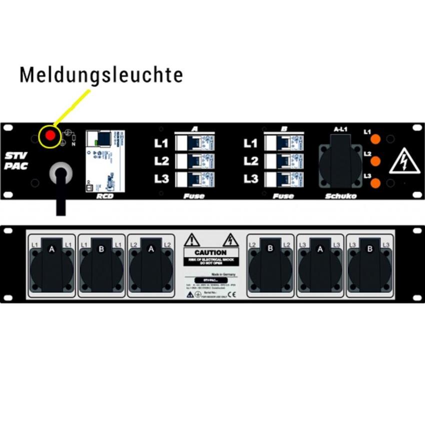 Ultralite Stromvert. STVPAC 16A, FI, IN: CEE16 Ka. 2m/vorne, OUT: 6 Schuko rücks., 1 Schuko vorne, 6 LS C16, FI 40/0.03