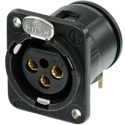 Neutrik 3pol-XLR Chassisbu., horizontale Leiterplattenmont. Schwarzes Gehäuse, Silber beschichtete Kontakten, M3 Gewinde