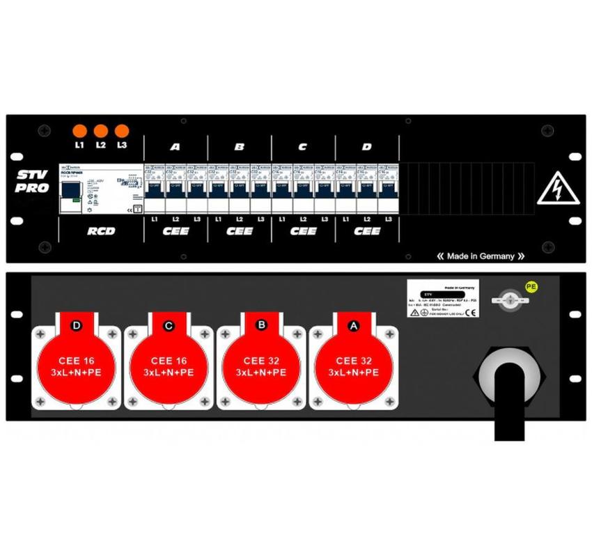 Ultralite Stromvert. STV 63A, FI, IN: CEE63 Kab. 1.5m/rücks. OUT: 2 CEE32, 2 CEE16, 6 LS C32, 6 LS C16