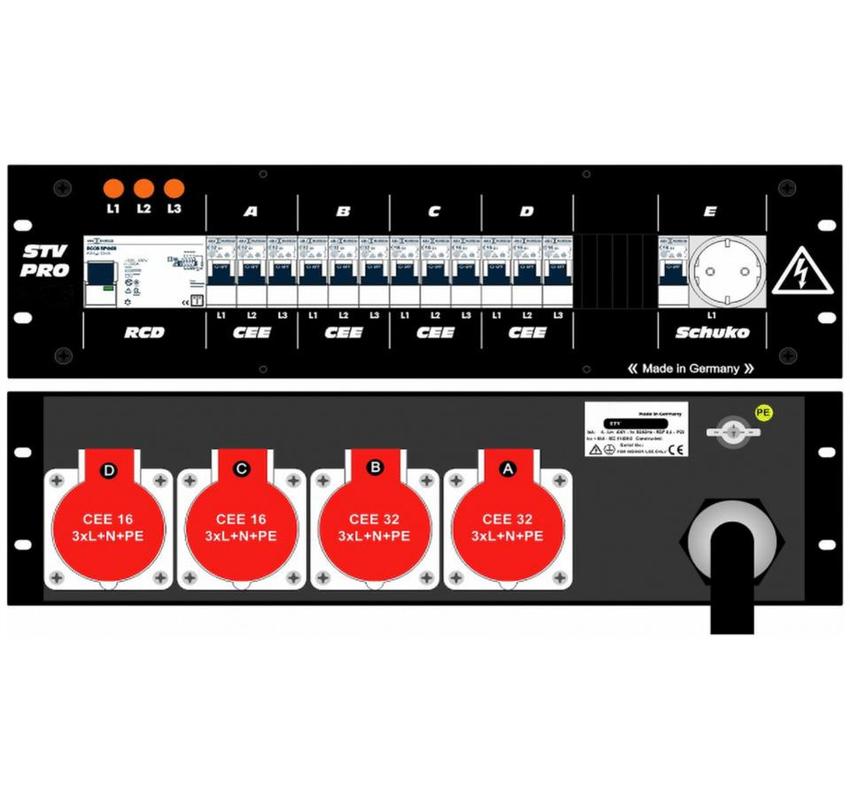 Ultralite Stromvert. STV 63A, FI, IN: CEE63 Kab. 1.5m/rücks. OUT: 2 CEE32, 2 CEE16, 1 Schuko rücks., 6 LS C32, 7 LS C16