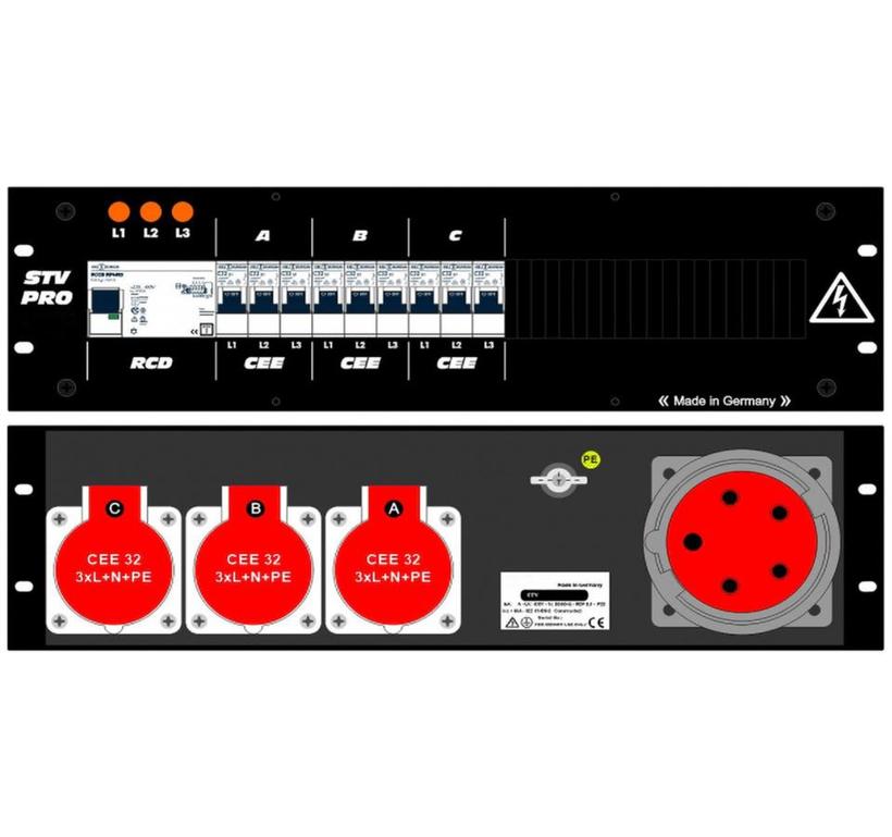 Ultralite Stromvert. STV 63A, FI, IN: CEE63 Anbaust./rücks. OUT: 3 CEE32 rücks., 9 LS C32