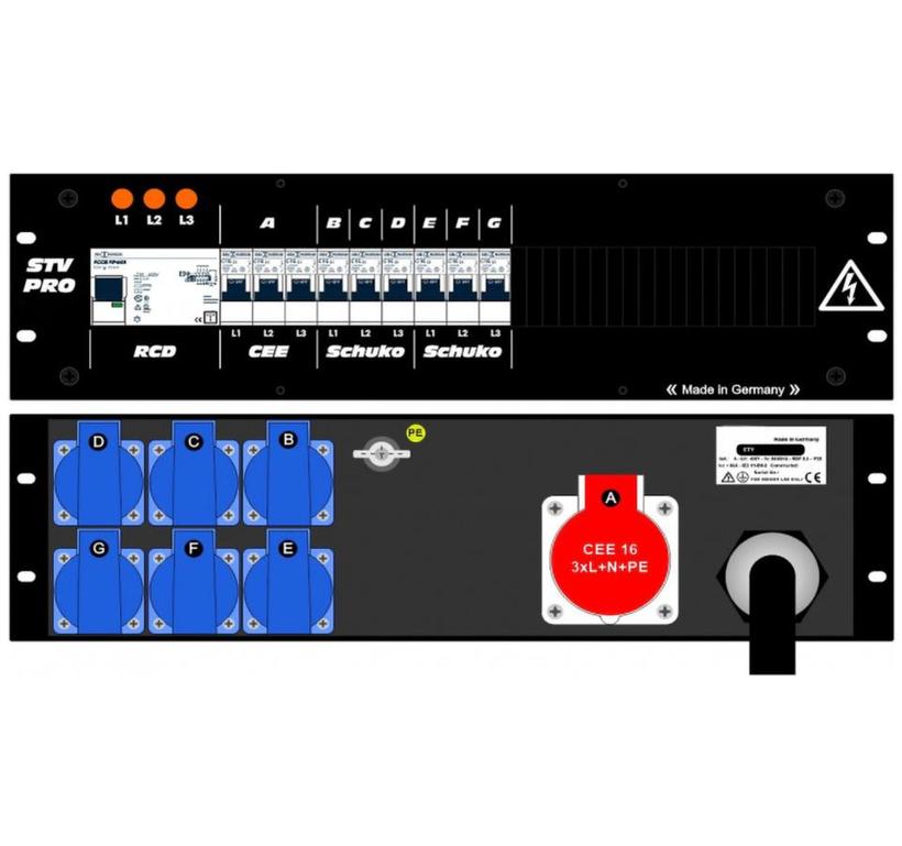 Ultralite Stromvert. STV 63A, FI, IN: CEE63 Kab. 1.5m/rücks. OUT: 1 CEE16, 6 Schuko rücks., 9 LS C16