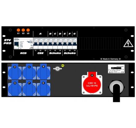 Ultralite Stromvert. STV 63A, FI, IN: CEE63 Kab. 1.5m/rücks. OUT: 1 CEE16, 6 Schuko rücks., 9 LS C16