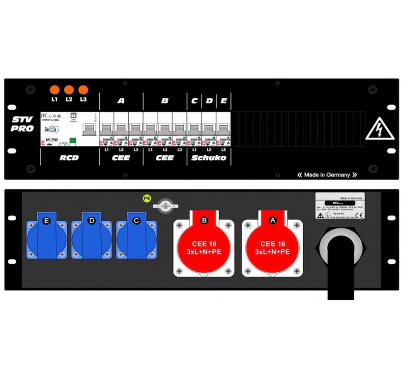 Ultralite Stromvert. STV 63A, FI, IN: CEE63 Kab. 1.5m/rücks. OUT: 2 CEE16, 3 Schuko rücks., 9 LS C16