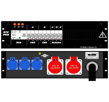 Ultralite Stromvert. STV 63A, FI, IN: CEE63 Kab. 1.5m/rücks. OUT: 2 CEE16, 3 Schuko rücks., 9 LS C16