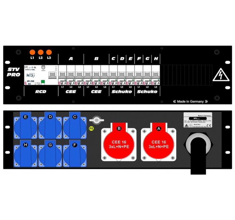 Ultralite Stromvert. STV 63A, FI, IN: CEE63 Kab. 1.5m/rücks. OUT: 2 CEE16, 6 Schuko rücks., 12 LS C16