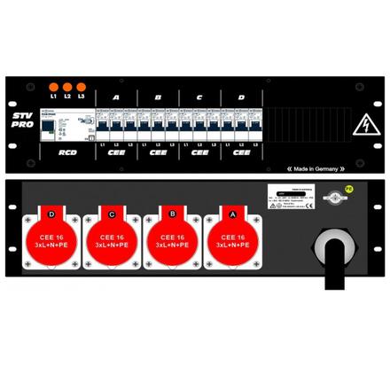 Ultralite Stromvert. STV 63A, FI, IN: CEE63 Kab. 1.5m/rücks. OUT: 4 CEE16 rücks., 12 LS C16