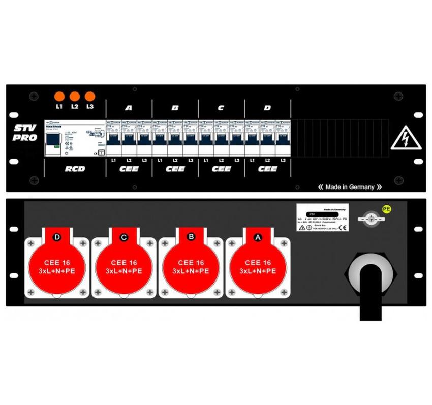 Ultralite Stromvert. STV 63A, FI, IN: CEE63 Kab. 1.5m/rücks. OUT: 4 CEE16 rücks., 12 LS C16