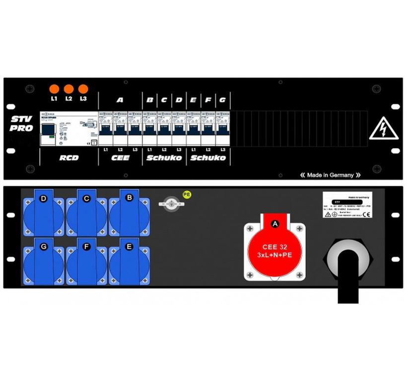 Ultralite Stromvert. STV 63A, FI, IN: CEE63 Kab. 1.5m/rücks. OUT: 1 CEE32, 6 Schuko rücks., 3 LS C32, 6 LS C16
