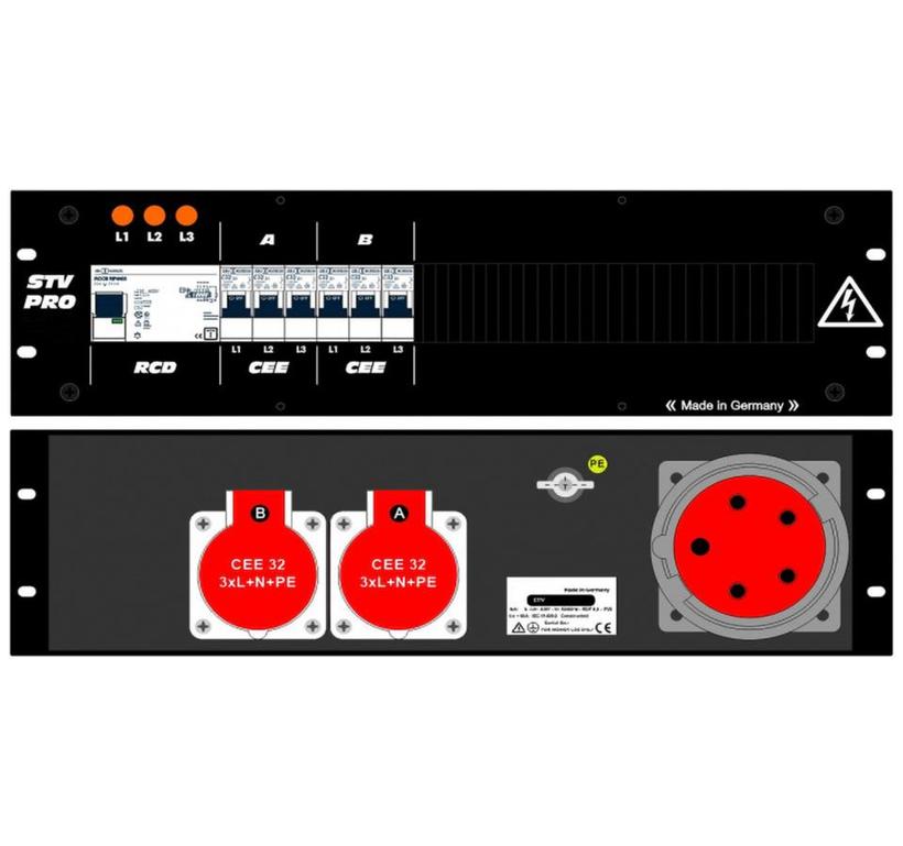 Ultralite Stromvert. STV 63A, FI, IN: CEE63 Anbaust./rücks. OUT: 2 CEE32 rücks., 6 LS C32