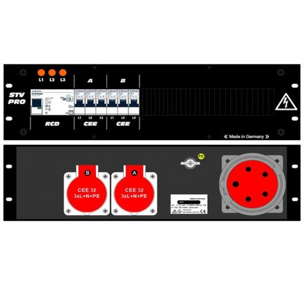 Ultralite Stromvert. STV 63A, FI, IN: CEE63 Anbaust./rücks. OUT: 2 CEE32 rücks., 6 LS C32