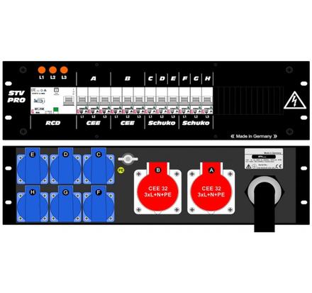Ultralite Stromvert. STV 63A, FI, IN: CEE63 Kab. 1.5m/rücks. OUT: 2 CEE32, 6 Schuko, 6 LS C32, 6 LS C16