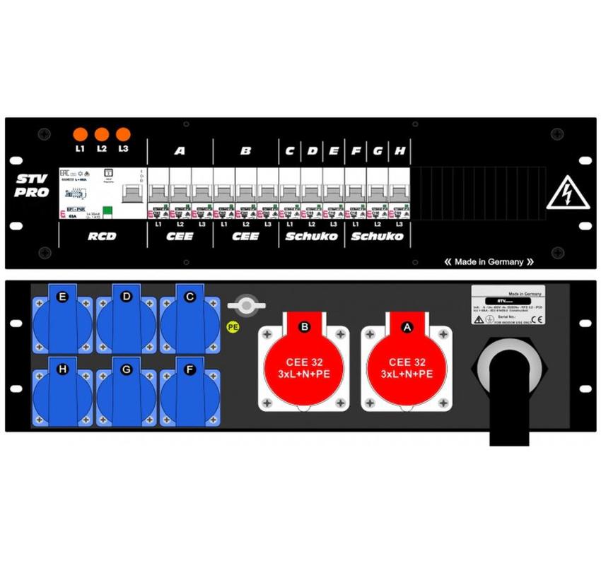 Ultralite Stromvert. STV 63A, FI, IN: CEE63 Kab. 1.5m/rücks. OUT: 2 CEE32, 6 Schuko, 6 LS C32, 6 LS C16