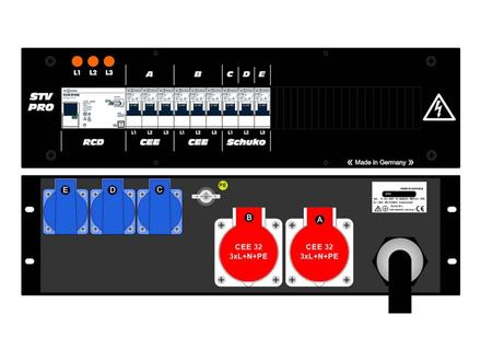 Ultralite Stromvert. STV 63A, FI, IN: CEE63 Kab. 1.5m/rücks. OUT: 2 CEE32, 3 Schuko rücks., 6 LS C32, 3 LS C16
