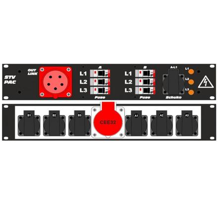 Ultralite Stromvert. STVPAC 32A, IN: CEE32 Anbaust./vorne OUT: 1 CEE32, 6 Schuko rücks., 1 Schuko vorne, 6 LS C16
