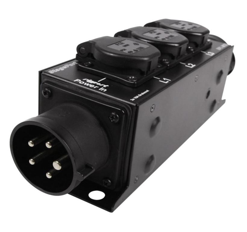 StagePort16S - CEE16 3-Phasen-Stromverteiler mit seitlichen Abgängen und Powercon Abgriffen aller drei Phasen